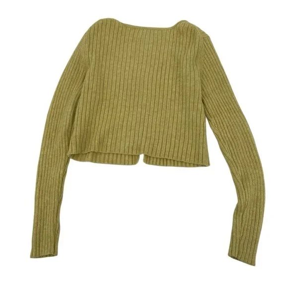 American Eagle Button-Front Cardigan Size Large Yellow Ribbed Cropped L - Picture 4 of 11